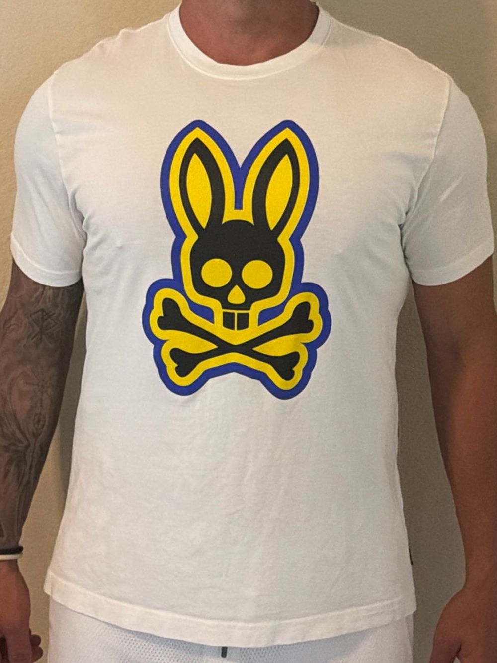 Psycho Bunny White Tee with Yellow & Blue Bunny Skull
